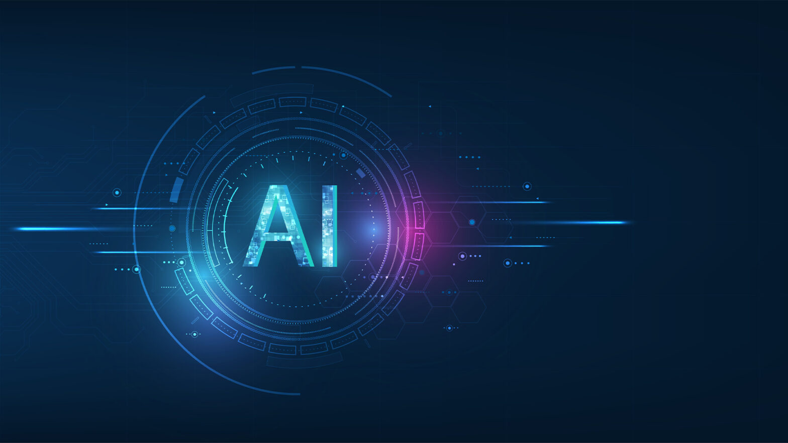 Abstract futuristic digital and technology on dark blue color background. AI(Artificial Intelligence) wording with the circuit design.